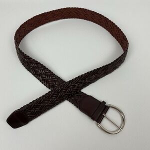 Mens Woven Leather Belt XL Brown Braided Silver Buckle
